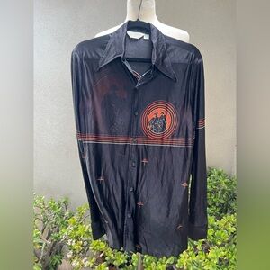 Vintage Disco men’s shirt black orange graphics sheer nylon Sz M/L by Gallery